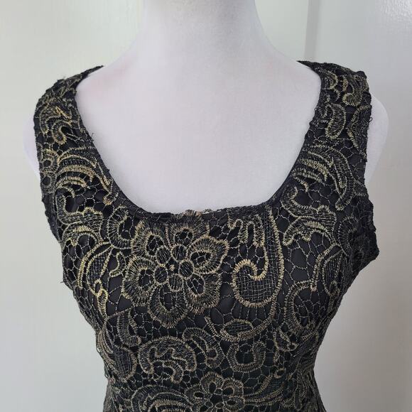 Sans Souci Size M Gold Overlay Sheath Sleeveless Cocktail Dress Holiday Glam - Picture 3 of 10